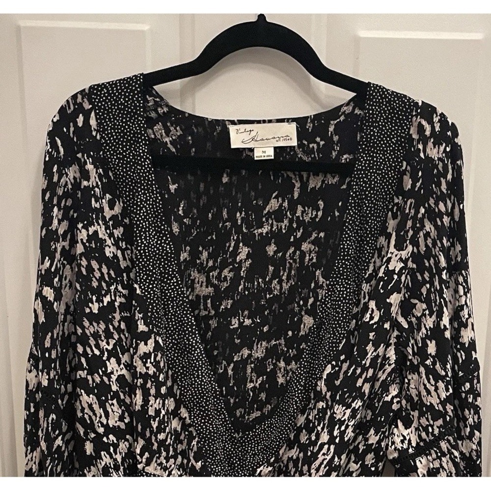 Vintage Havana Black White Crop Wrap Top Balloon Sleeve Abstract Boho Festival M